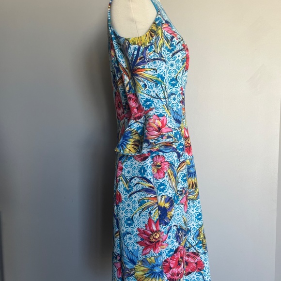 NICOLE MILLER Floral-Print Leaf‎ Turquoise Cold-Shoulder Sheath Cocktail Dress - Picture 12 of 15